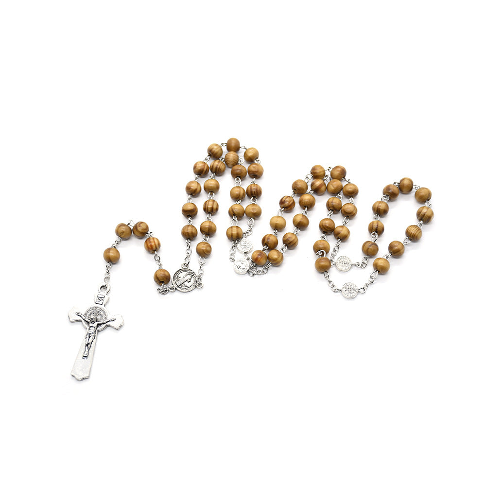 St. Benedict Wooden Rosary Necklace – Handcrafted Pine Beads with Cross