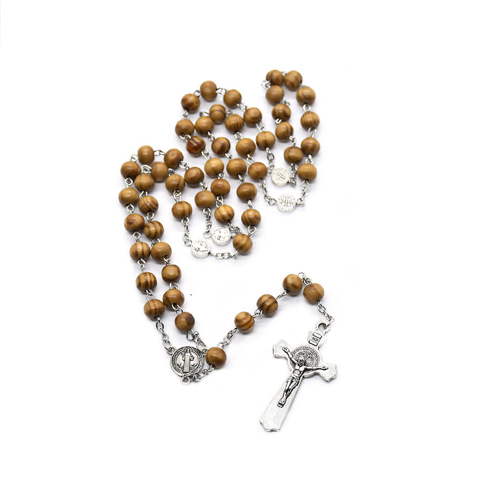 St. Benedict Wooden Rosary Necklace – Handcrafted Pine Beads with Cross