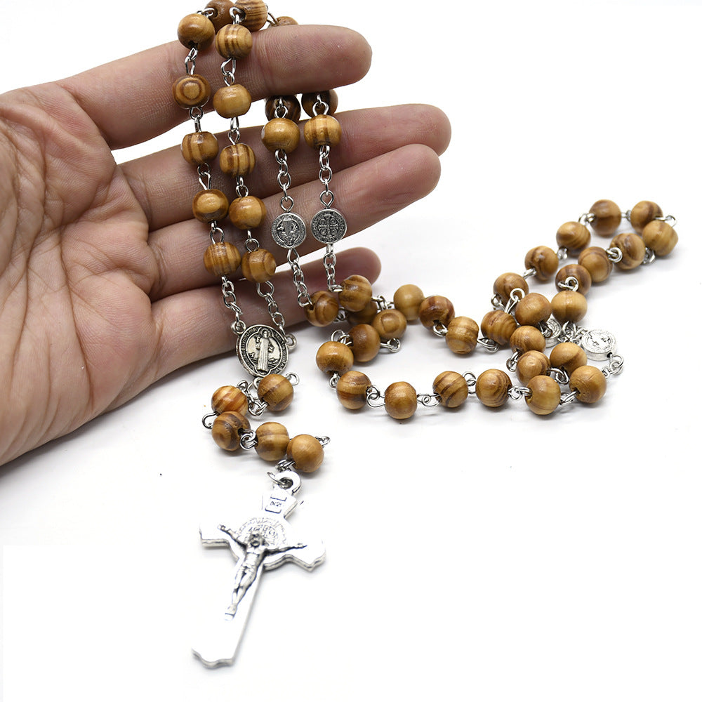 St. Benedict Wooden Rosary Necklace – Handcrafted Pine Beads with Cross