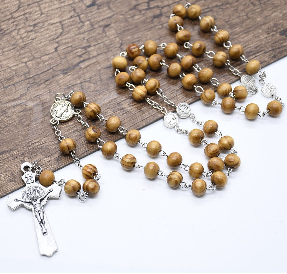 St. Benedict Wooden Rosary Necklace – Handcrafted Pine Beads with Cross