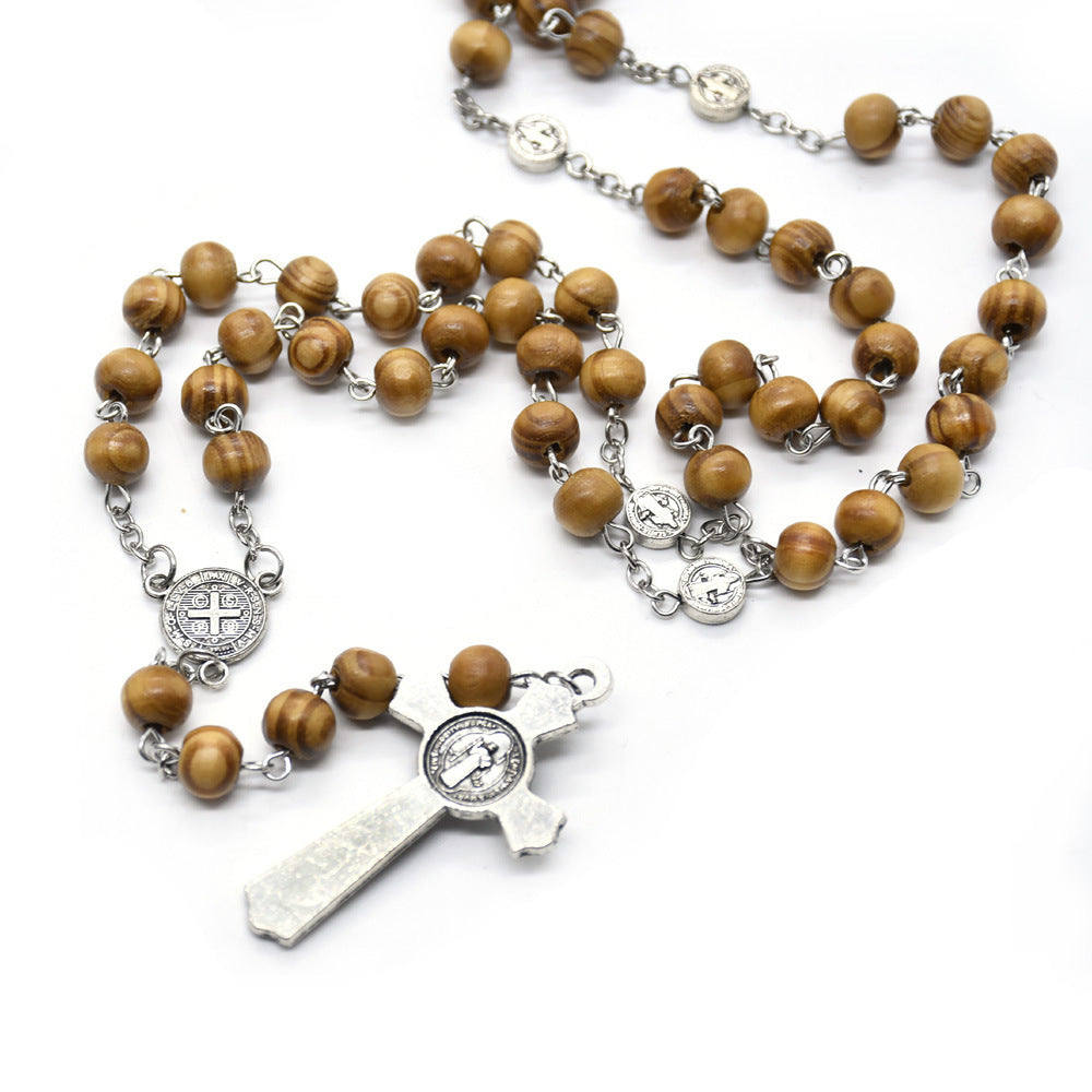 St. Benedict Wooden Rosary Necklace – Handcrafted Pine Beads with Cross