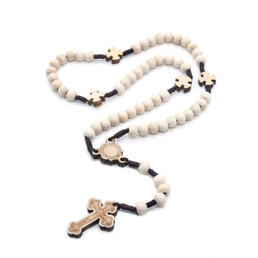 Handcrafted Natural Wood Rosary Necklace – Cross Design