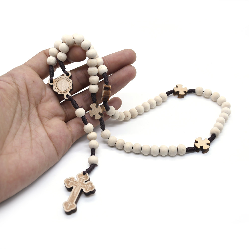 Handcrafted Natural Wood Rosary Necklace – Cross Design