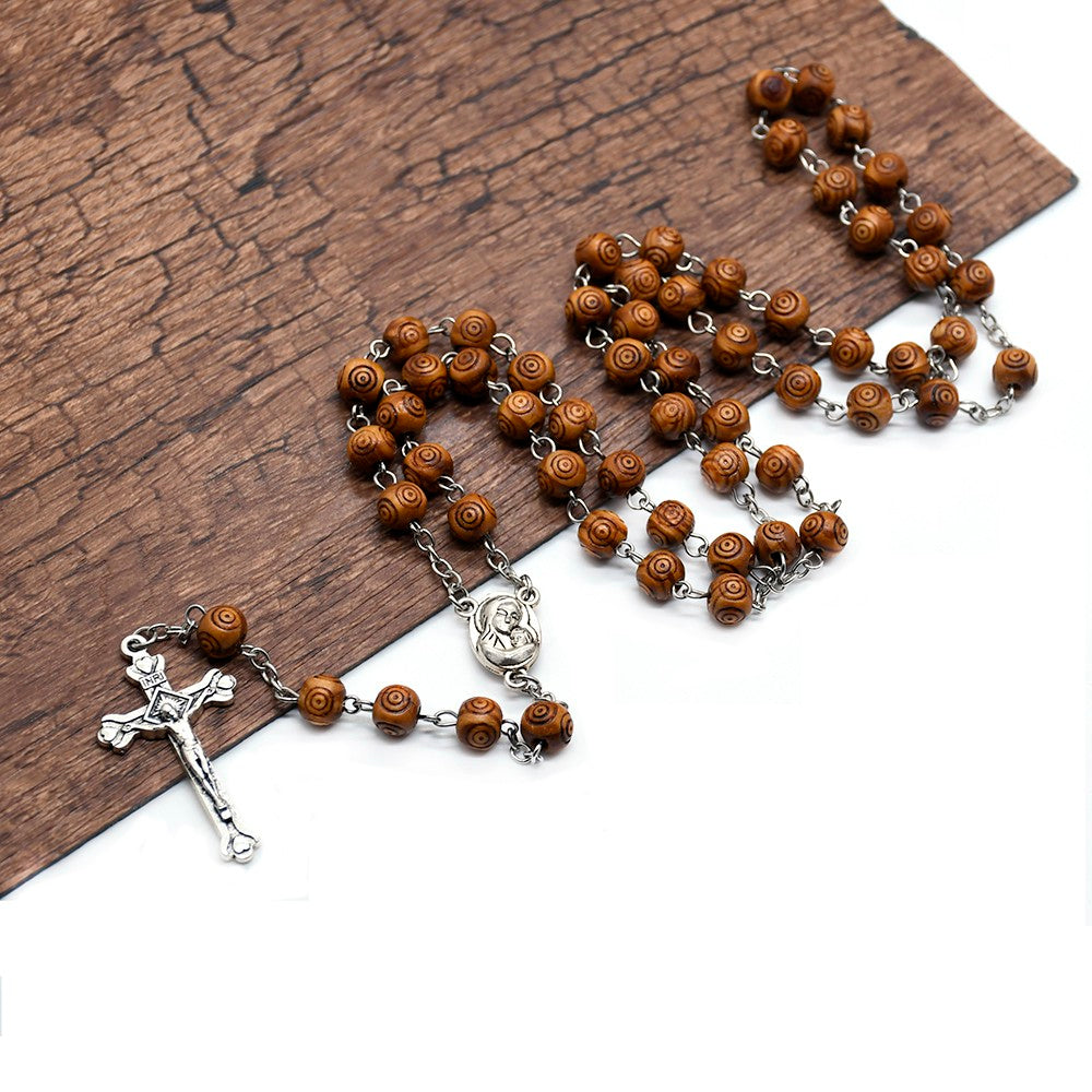 Carved Pine Wood Rosary Necklace – Evil Eye Beads with Cross