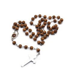 Carved Pine Wood Rosary Necklace – Evil Eye Beads with Cross