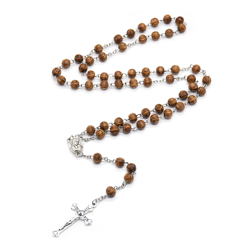 Carved Pine Wood Rosary Necklace – Evil Eye Beads with Cross