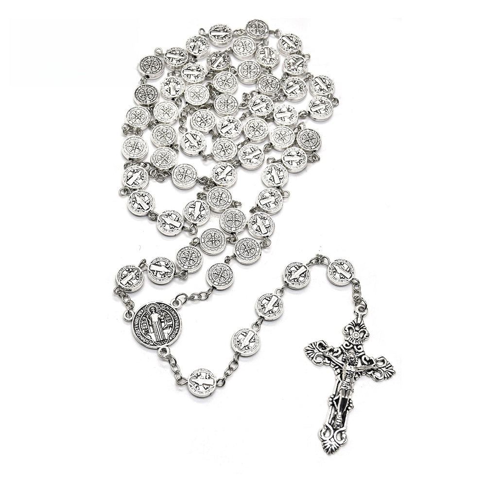 Catholic Rosary Necklace – Antique Silver Crucifix Beaded Prayer Chain (59 Beads)