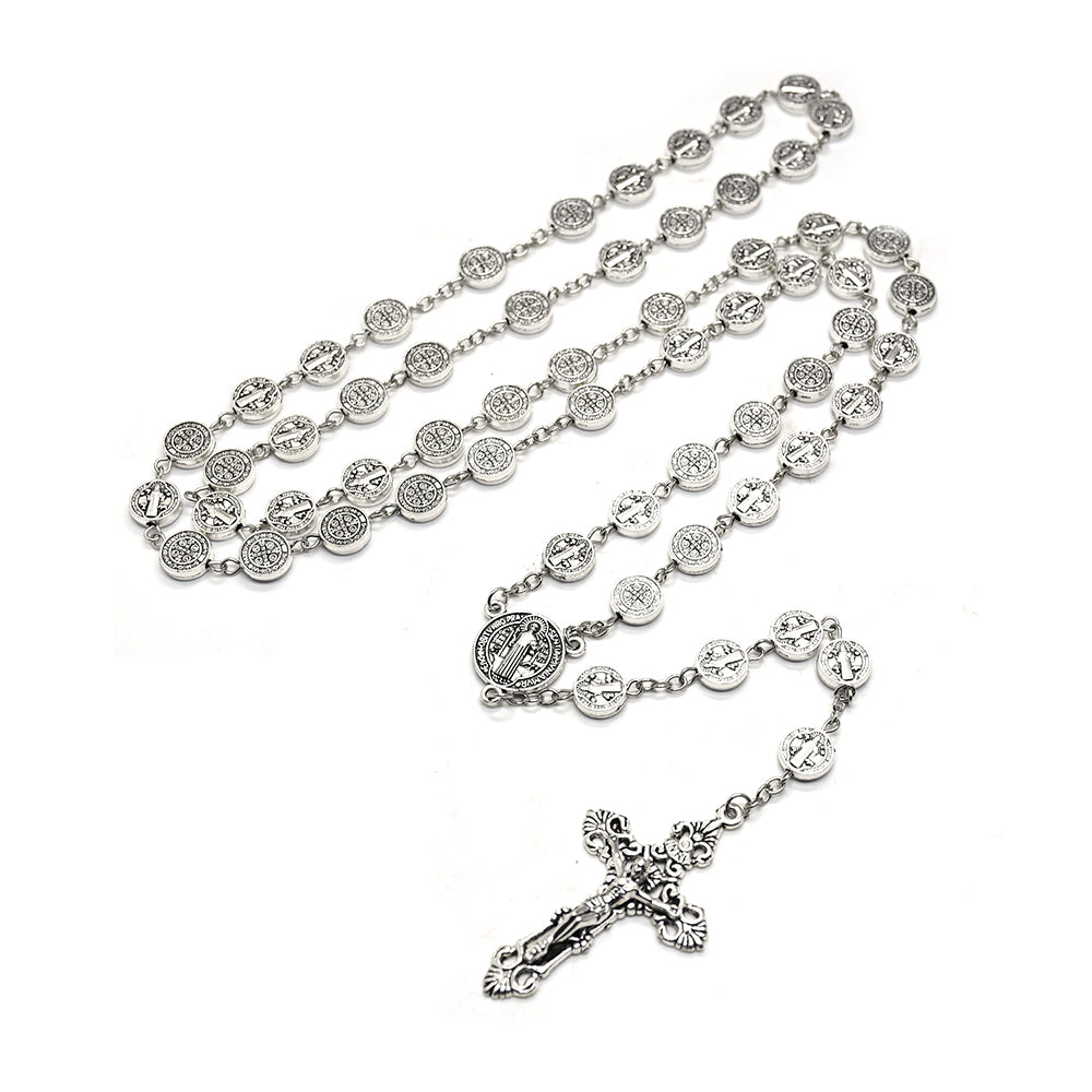 Catholic Rosary Necklace – Antique Silver Crucifix Beaded Prayer Chain (59 Beads)