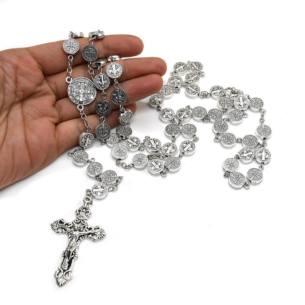Catholic Rosary Necklace – Antique Silver Crucifix Beaded Prayer Chain (59 Beads)