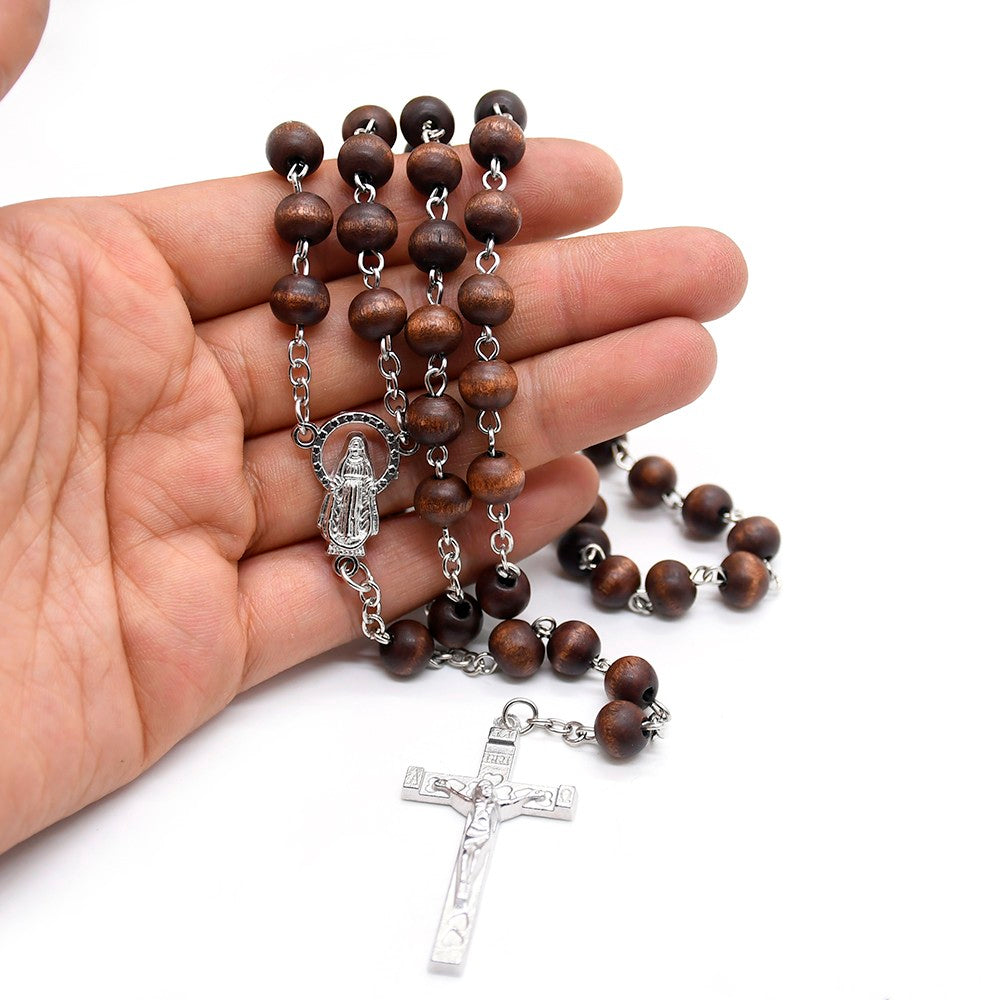 Dark Brown Wooden Rosary Necklace – Cross Pendant