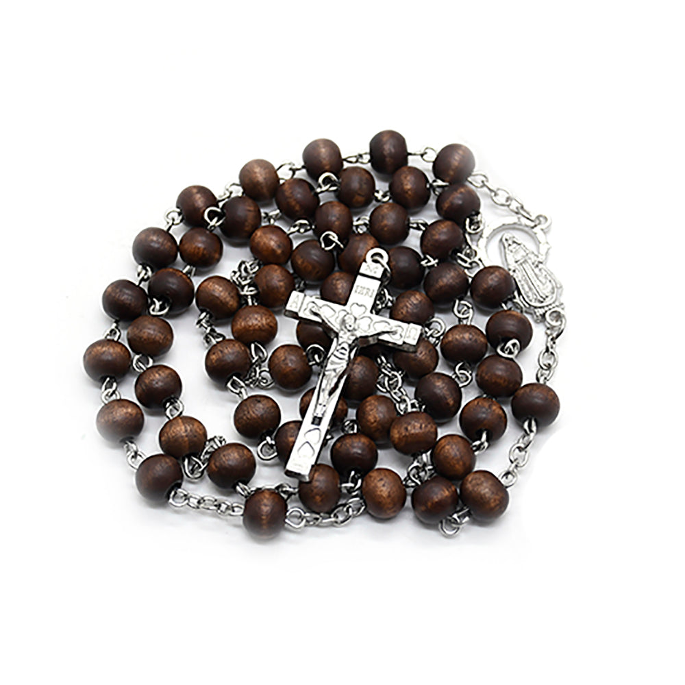 Dark Brown Wooden Rosary Necklace – Cross Pendant