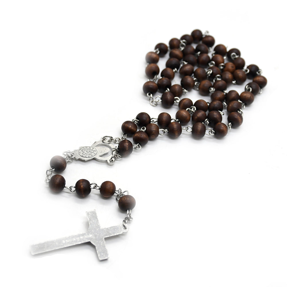 Dark Brown Wooden Rosary Necklace – Cross Pendant