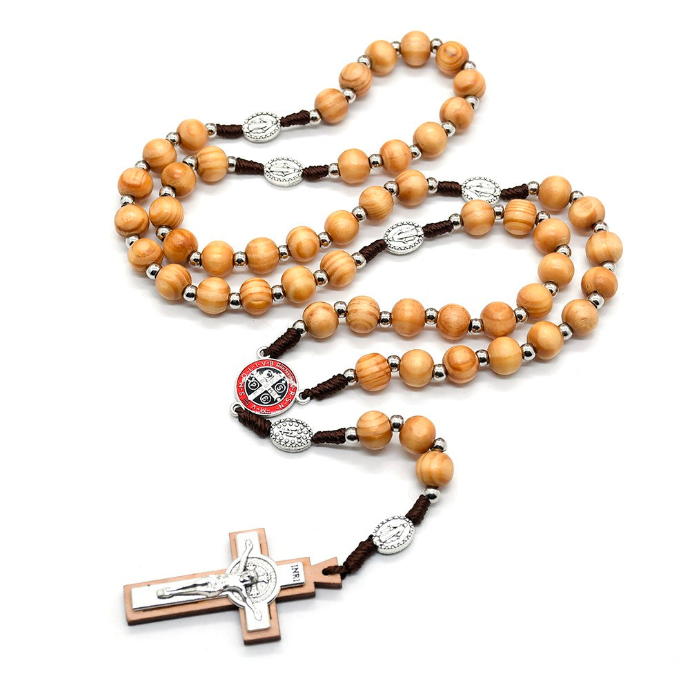 Handcrafted Pine Wood Rosary Necklace – Baptism & Prayer Beads with Cross