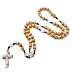 Handcrafted Pine Wood Rosary Necklace – Baptism & Prayer Beads with Cross