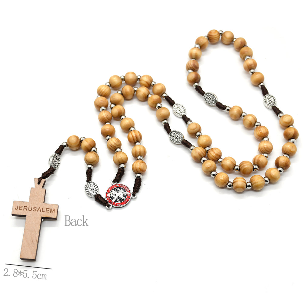 Handcrafted Pine Wood Rosary Necklace – Baptism & Prayer Beads with Cross