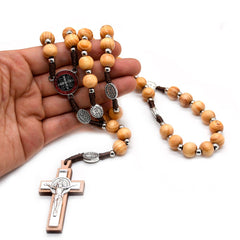 Handcrafted Pine Wood Rosary Necklace – Baptism & Prayer Beads with Cross