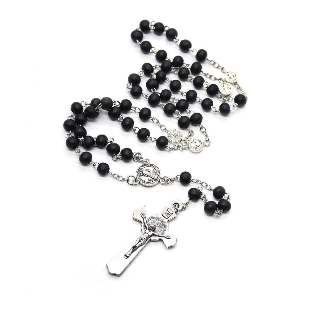 Black Wooden Rosary Necklace – St. Benedict Cross