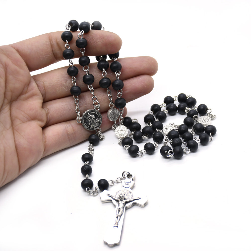 Black Wooden Rosary Necklace – St. Benedict Cross