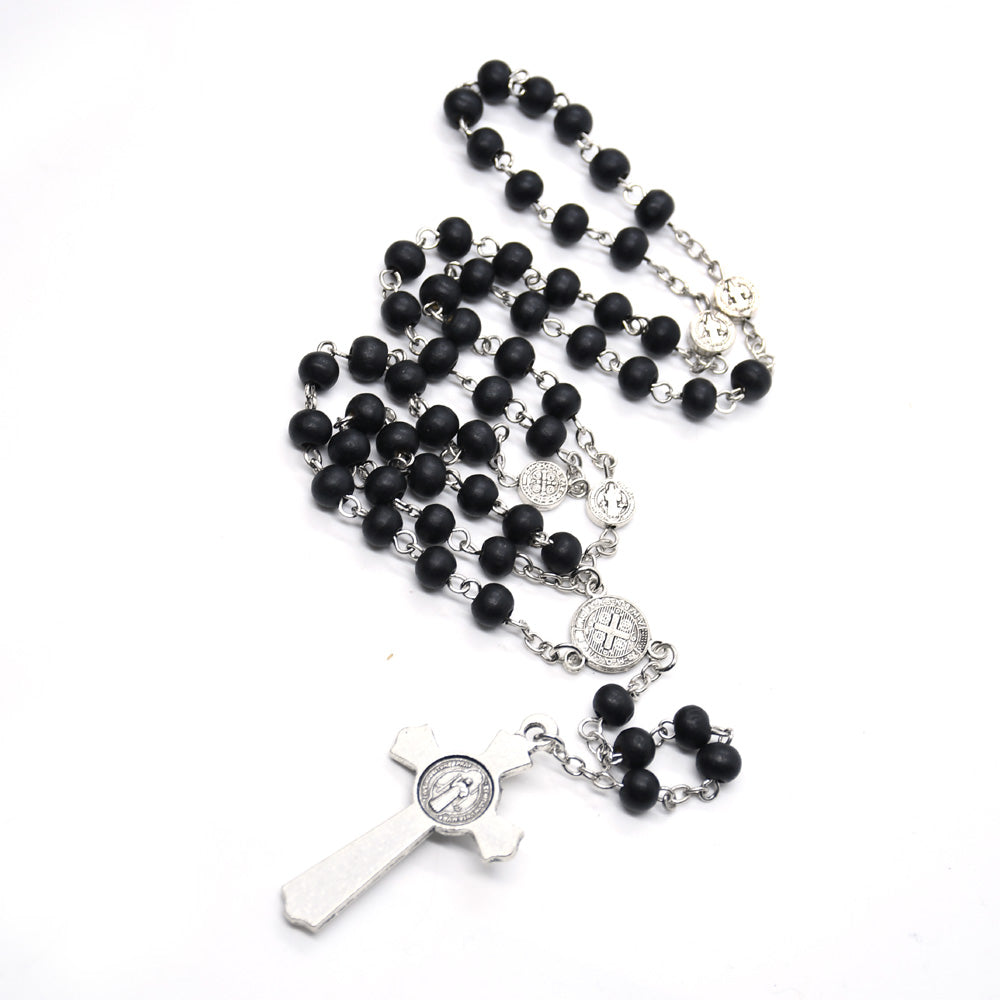 Black Wooden Rosary Necklace – St. Benedict Cross