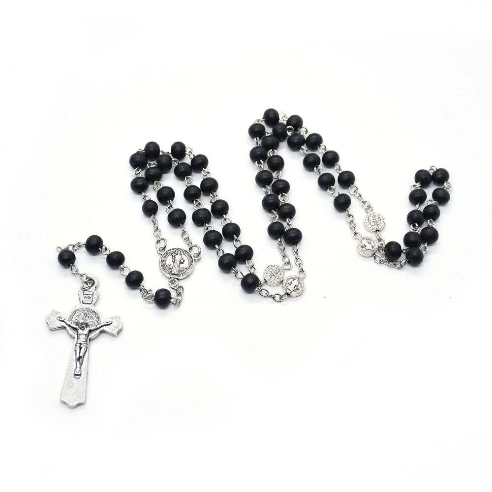 Black Wooden Rosary Necklace – St. Benedict Cross