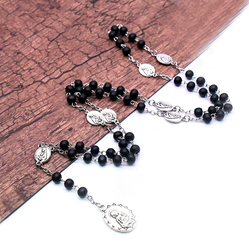 Catholic Seven Sorrows Rosary Necklace – Wooden Prayer Beads with Cross