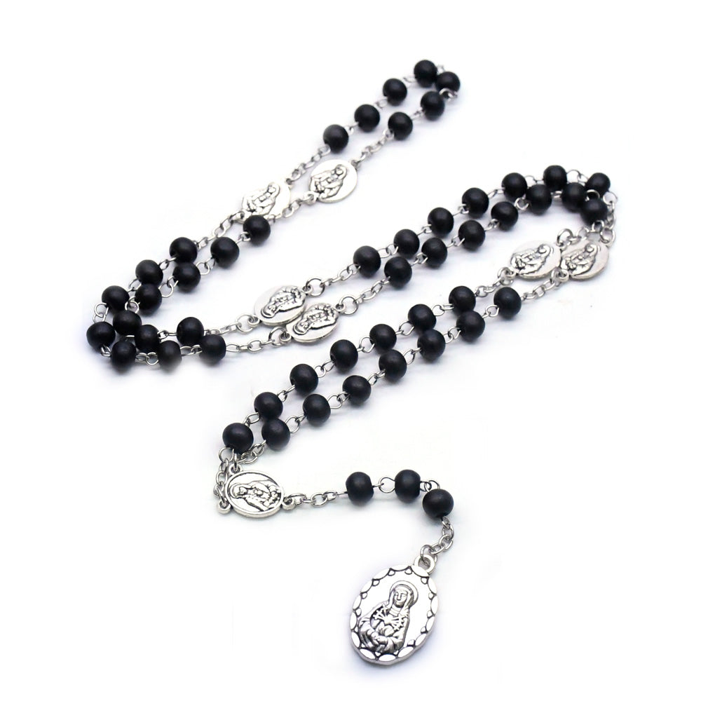 Catholic Seven Sorrows Rosary Necklace – Wooden Prayer Beads with Cross