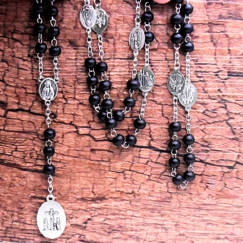 Catholic Seven Sorrows Rosary Necklace – Wooden Prayer Beads with Cross