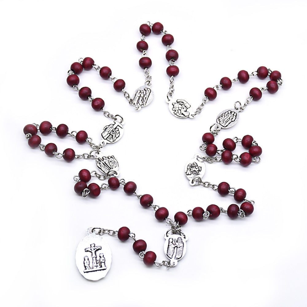 Catholic Seven Sorrows Rosary Necklace – Wooden Prayer Beads with Cross