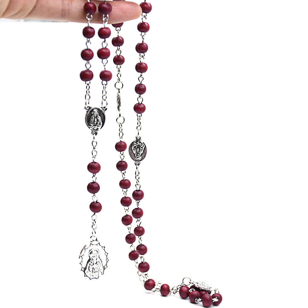 Catholic Seven Sorrows Rosary Necklace – Wooden Prayer Beads with Cross