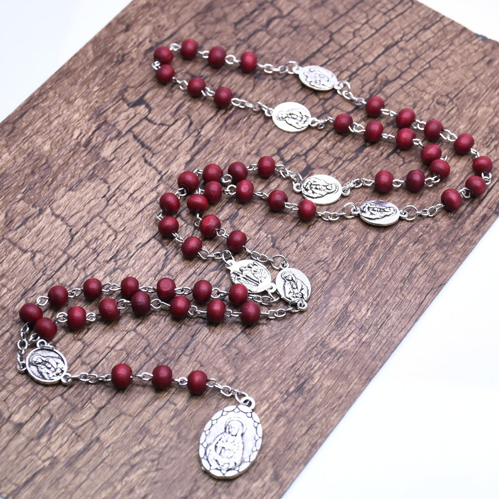 Catholic Seven Sorrows Rosary Necklace – Wooden Prayer Beads with Cross
