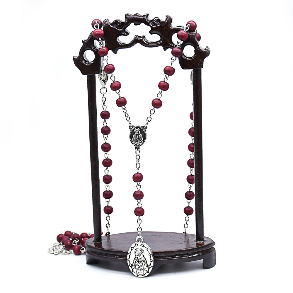 Catholic Seven Sorrows Rosary Necklace – Wooden Prayer Beads with Cross
