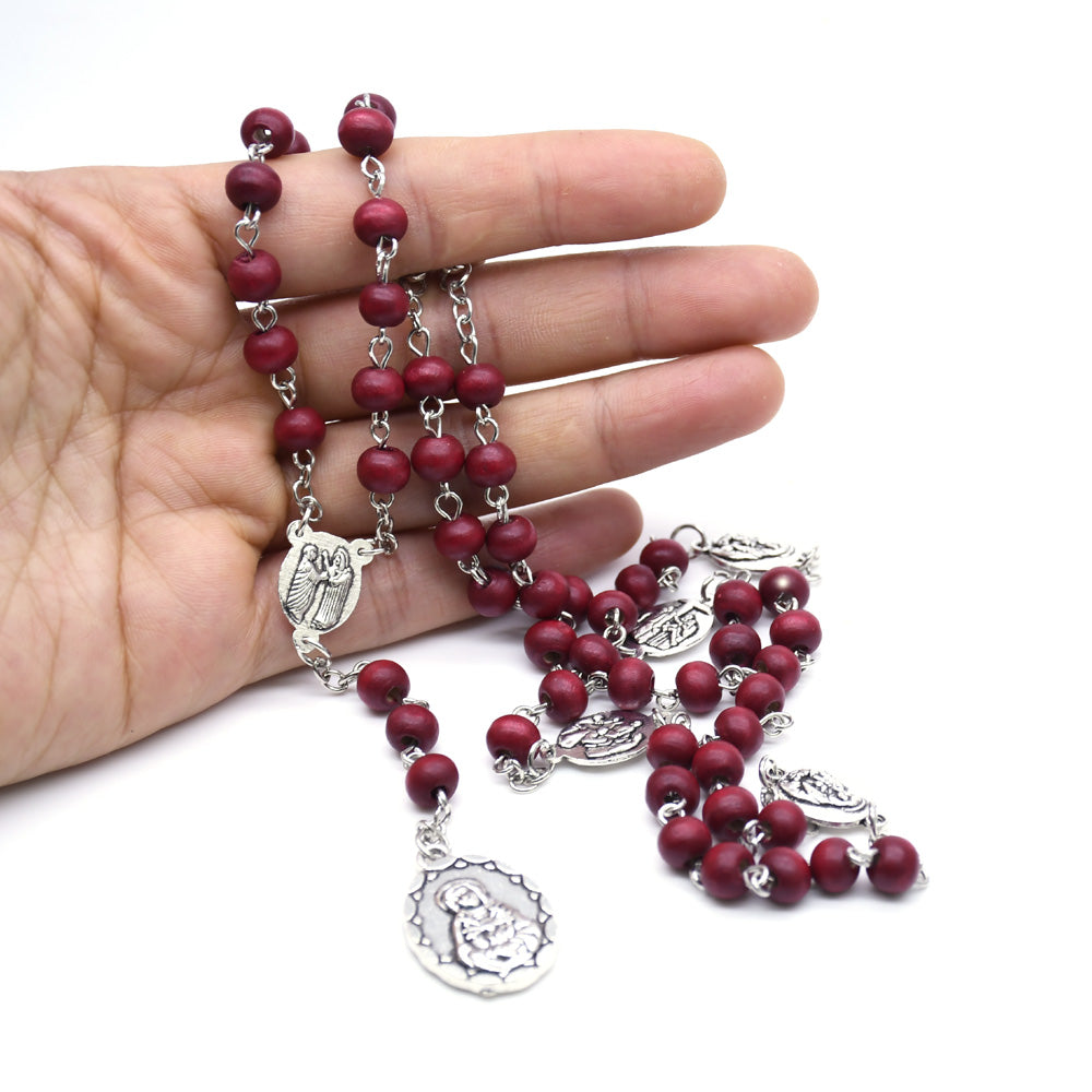 Catholic Seven Sorrows Rosary Necklace – Wooden Prayer Beads with Cross