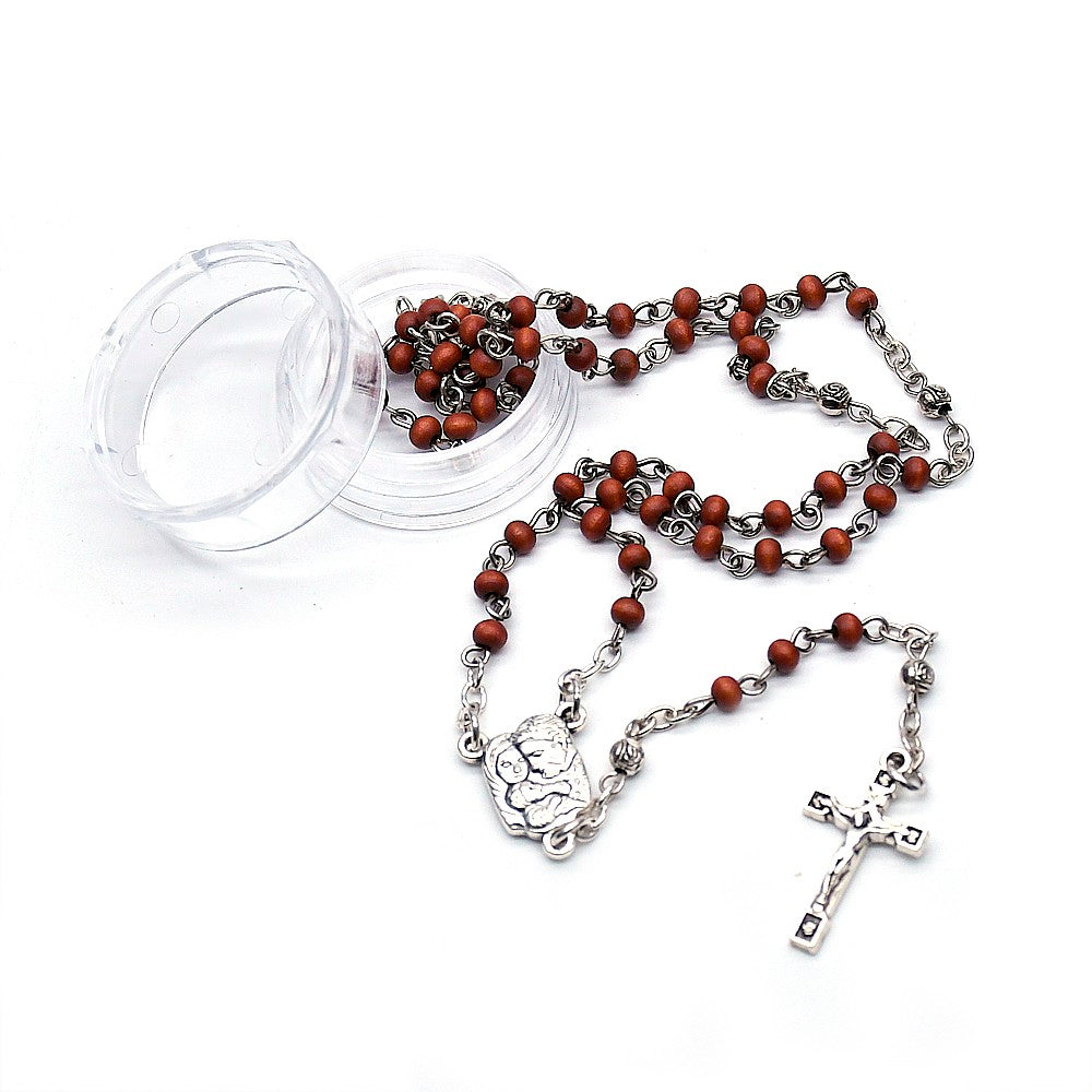 Mini Brown Wooden Rosary Necklace – Dove & Cross with Gift Box