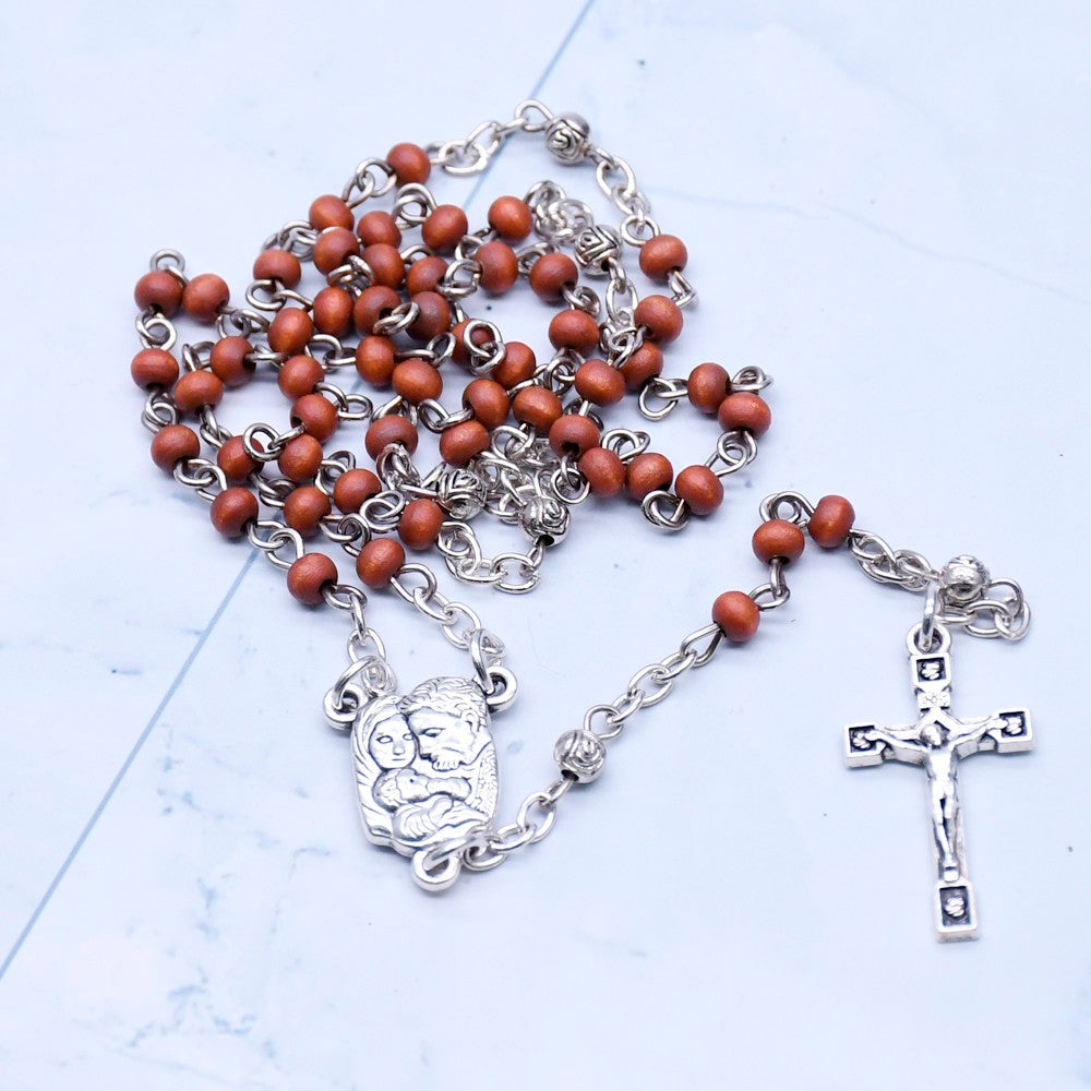 Mini Brown Wooden Rosary Necklace – Dove & Cross with Gift Box