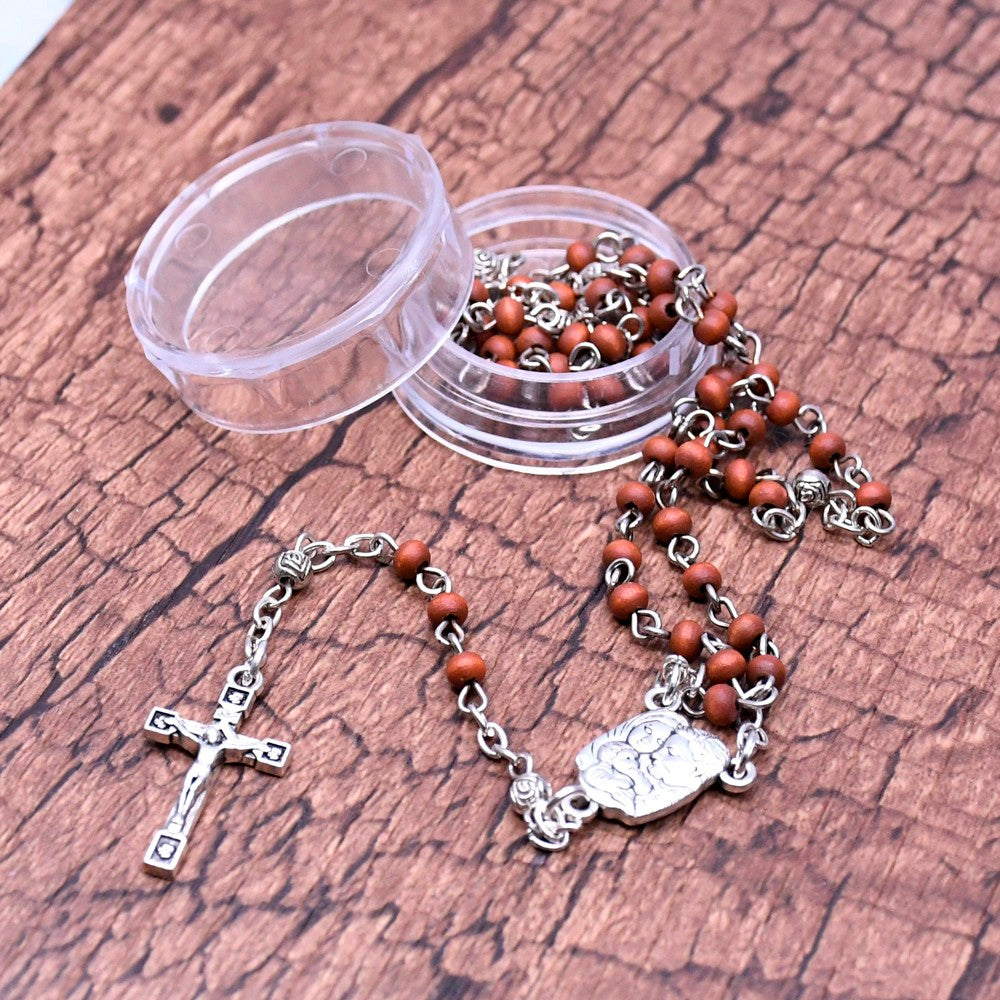 Mini Brown Wooden Rosary Necklace – Dove & Cross with Gift Box
