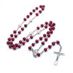 Burgundy Rose Scented Rosary Necklace – Dove & Cross with Pearl Beads
