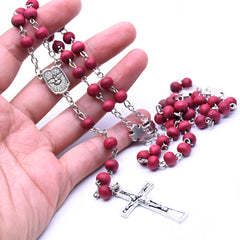 Burgundy Rose Scented Rosary Necklace – Dove & Cross with Pearl Beads