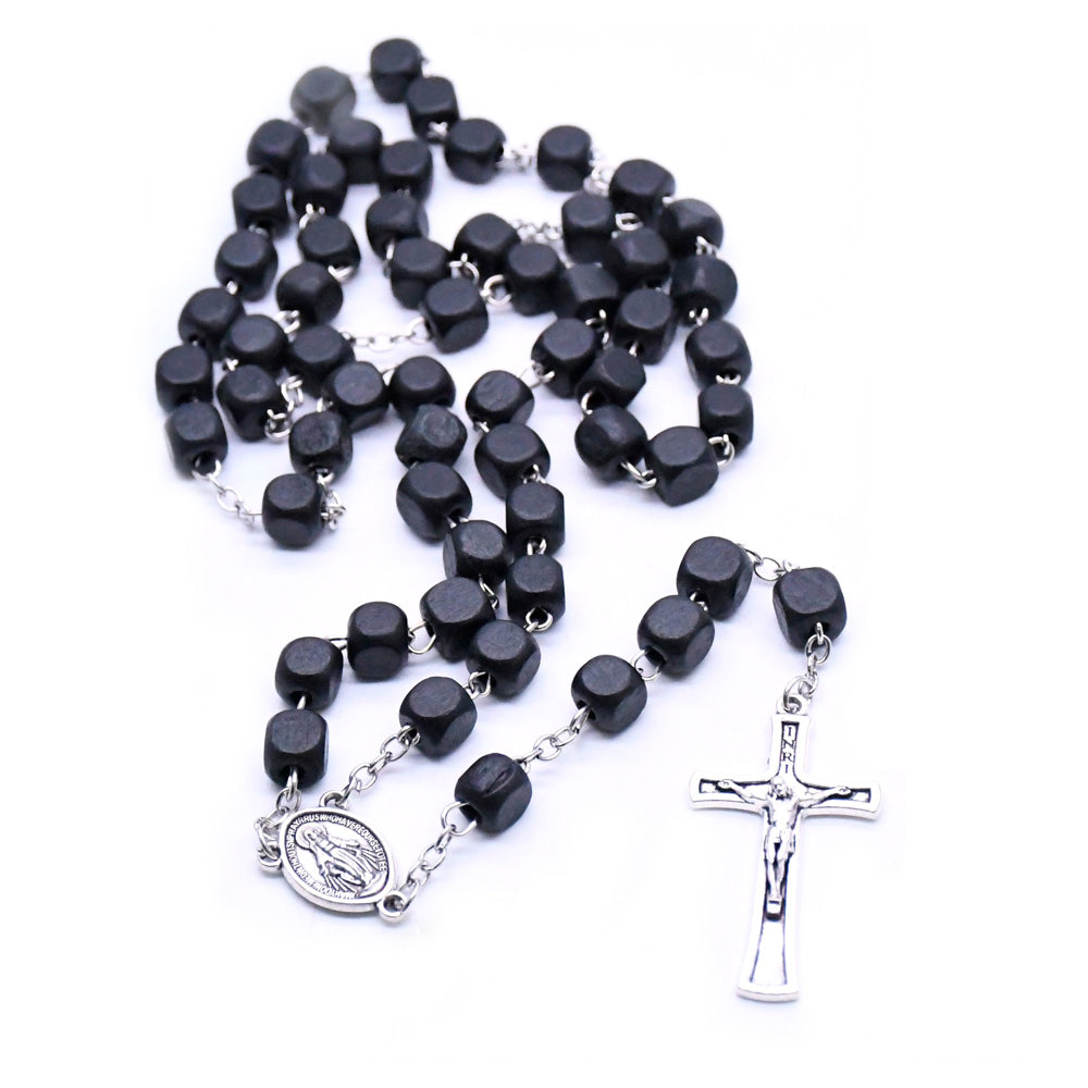 Black Wooden Rosary Necklace – Square Beads with Cross Pendant