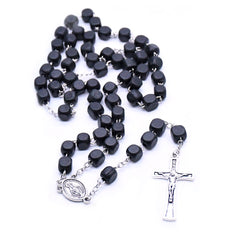 Black Wooden Rosary Necklace – Square Beads with Cross Pendant