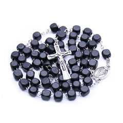 Black Wooden Rosary Necklace – Square Beads with Cross Pendant