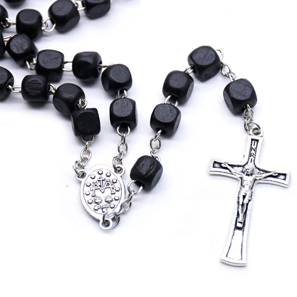 Black Wooden Rosary Necklace – Square Beads with Cross Pendant