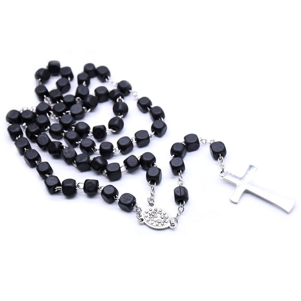 Black Wooden Rosary Necklace – Square Beads with Cross Pendant