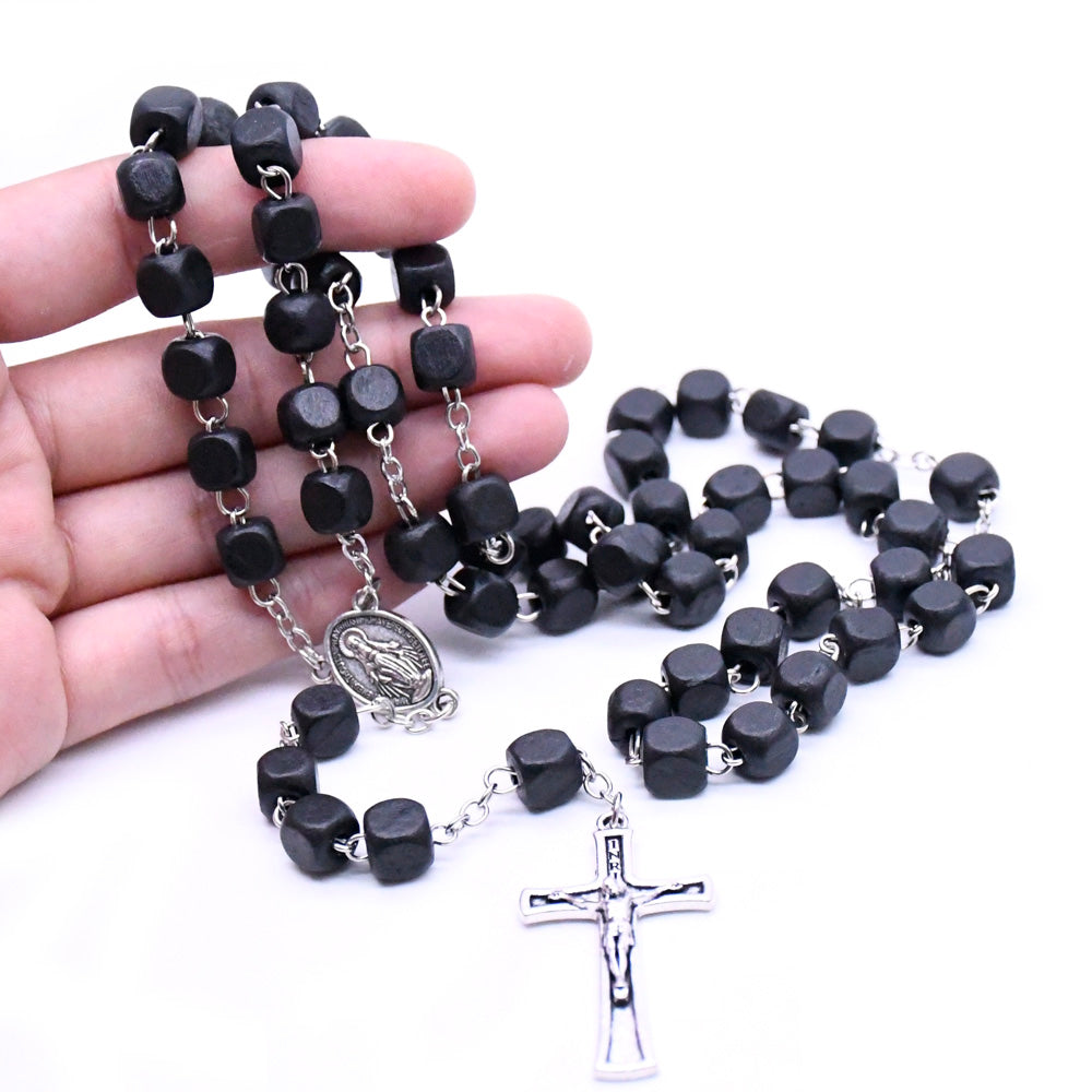 Black Wooden Rosary Necklace – Square Beads with Cross Pendant
