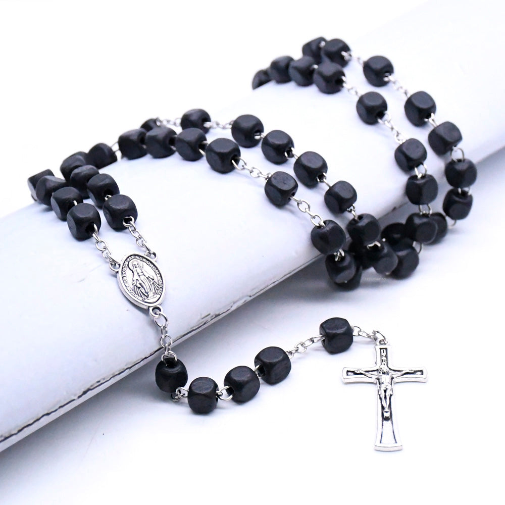 Black Wooden Rosary Necklace – Square Beads with Cross Pendant