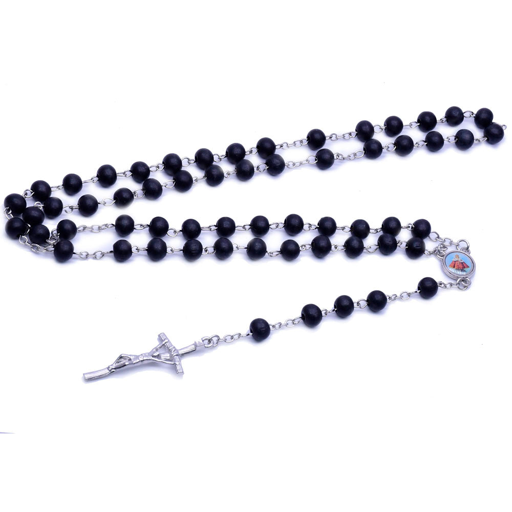 Black Wooden Rosary Necklace – Handcrafted Cross Beaded Chain