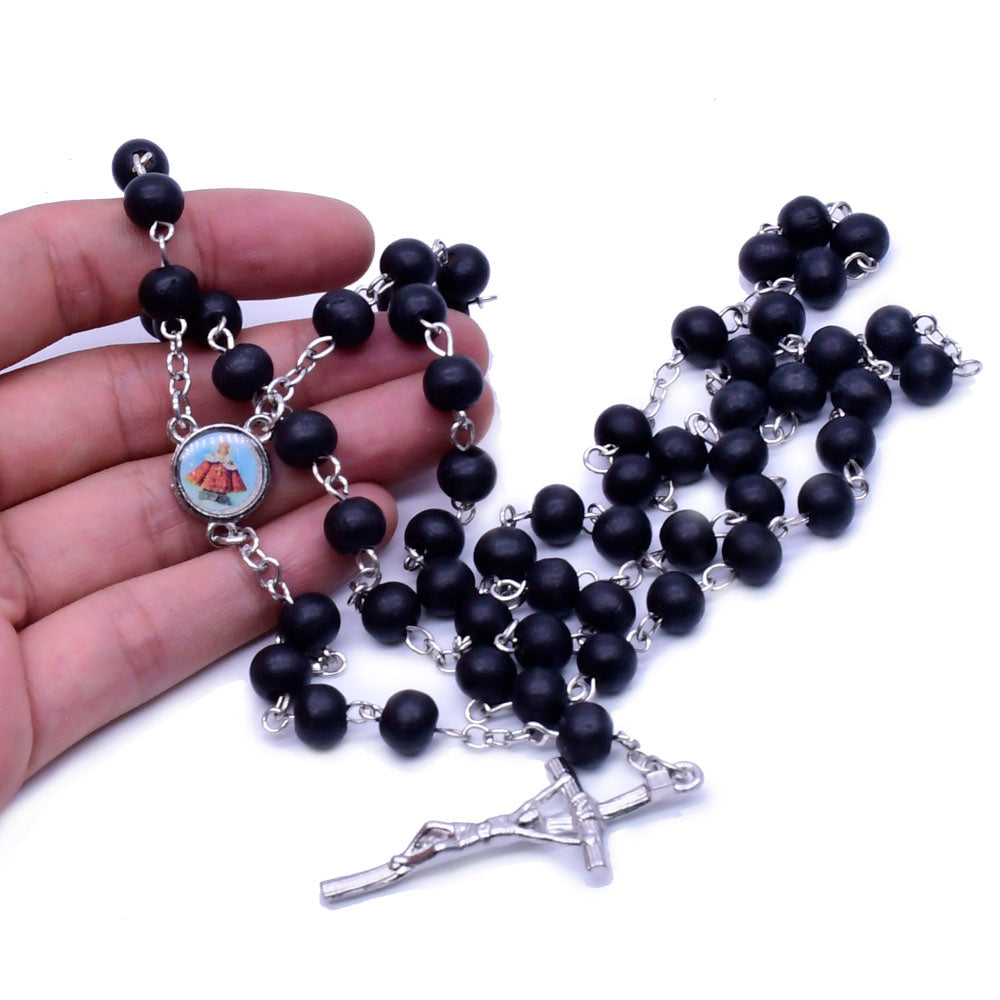 Black Wooden Rosary Necklace – Handcrafted Cross Beaded Chain
