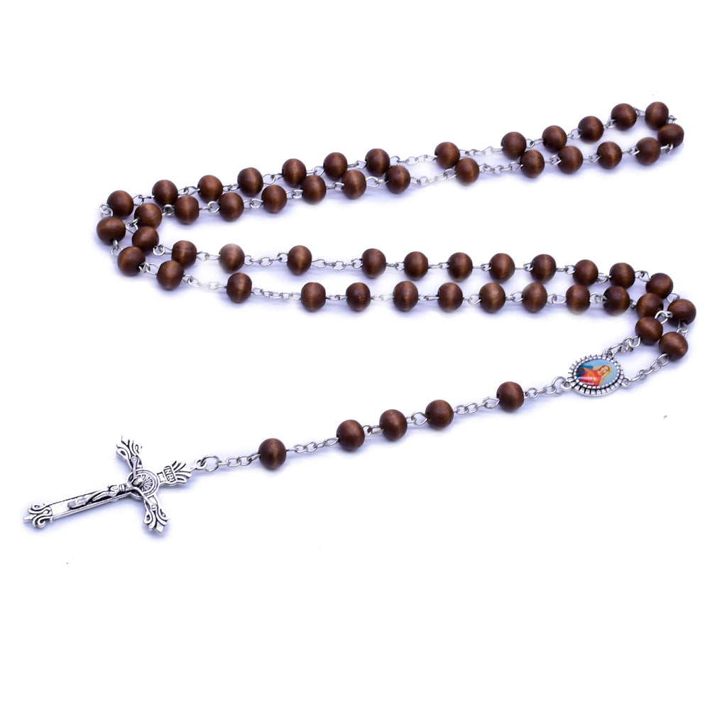 Brown Wooden Rosary Necklace – Handcrafted Cross Beaded Chain