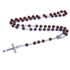 Brown Wooden Rosary Necklace – Handcrafted Cross Beaded Chain
