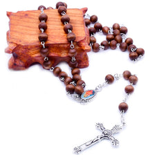 Brown Wooden Rosary Necklace – Handcrafted Cross Beaded Chain