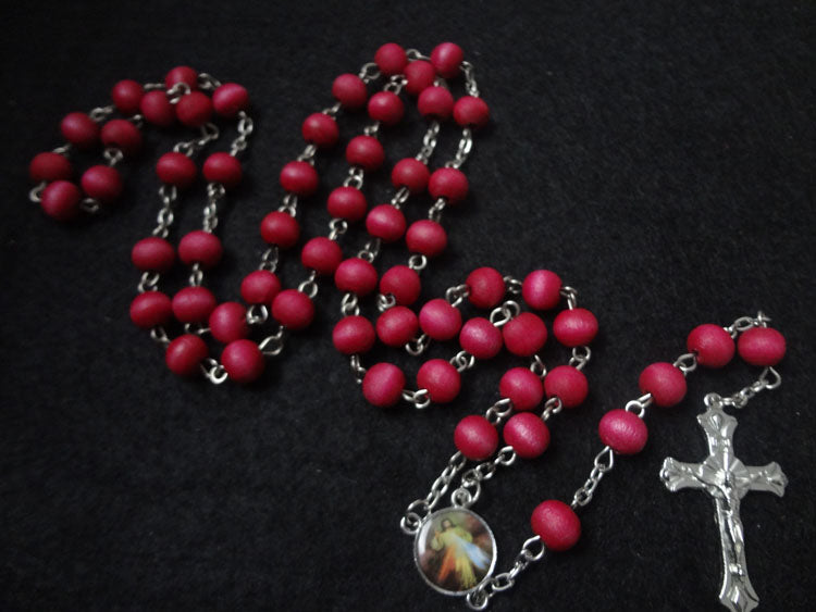 Burgundy Wooden Rosary Necklace – Cross Pendant